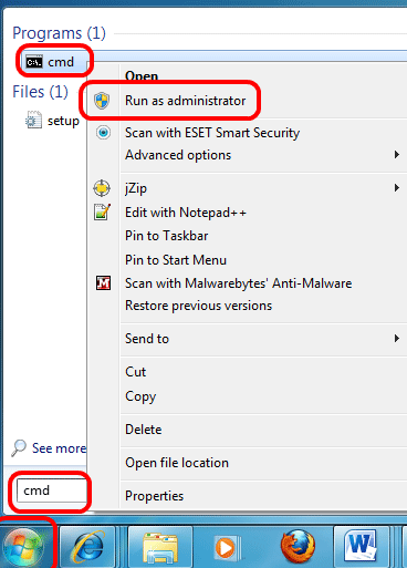 Windows 7 Start, Run Box, Run as Administrator